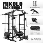 Mikolo K6 Power Cage, Power Rack with Cable Crossover System, Home Gym Packages with Weight Bench, Olympic Barbell, 230b Rubber Weight Set-Black