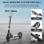 Scooters for Kids 8-12, Teens & Adults – Lightweight, Foldable, 8-Inch Big Wheels, Hand Brake & Bell, 4 Adjustable Height Levels, 240 lbs Max Load – Perfect for School, Campus and Park Rides Black