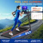 Treadmill with 8% Incline, Walking Pad Treadmill with Handle Bar, Portable Folding Treadmills for Running and Walking, 3.0HP Brushless Motorized, 5 Layers Shock-Absorbing