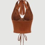 Verdusa Women’s 2026 Going Out Halter Corset Top Lace Up Open Back Crop Tops Concert Cowgirl Outfits Rust Brown Small