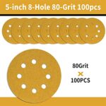 Keeimp 100 Pcs 5 Inch Sanding Discs Hook and Loop, 80 Grit Sandpaper for Woodworking or Automotive, 8 Hole Gold Premium Dustless Random Orbit Sandpaper