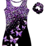 Vogseek 7-8 Years Girl’s Gymnastics Leotards with Hair Scrunchie Girl Sparkle Dance Unitards Purple Butterfly’s Glitter Active Biketards with Shorts for Kid Cute Tumbling Dance Outfit, Black