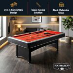 Hathaway Maverick 7 Foot Pool Table with Table Tennis Top – With Accessories for Both Games – Space-Saving Ping Pong and Pool Table Combo for Families – Matte Black Finish, Red Felt