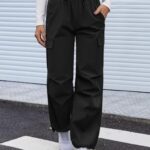 COPYLEAF Cargo Pants Women Elastic Waisted Parachute Hiking Pants with Pockets Water-Resistant Lightweight Baggy Pants(Black L)
