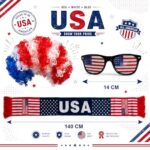 Yohaoupty 3PCS USA World Cup Costume Set, Red White Blue Afro Wig, American Flag Scarf, Sunglasses, Perfect World Soccer Cup Fans Cheer Accessories, Headband Wig for 4th of July Independence Day